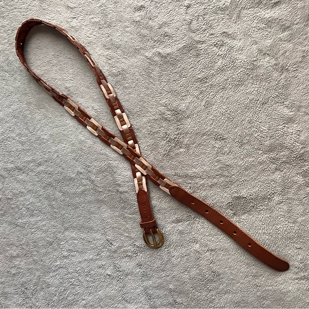 Fossil Neutral Leather Woven Square Skinny Belt Brown White Gold Medium